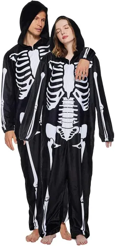 Vista 9 de ReneeCho Pijama de esqueleto con capucha para adultos, hombres y mujeres, disfraz de Halloween, overol de una pieza, color negro, Negro