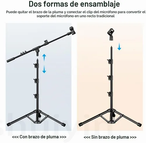 Vista 7 de Soporte de micrófono, brazo de boom trípode de altura ajustable de alta resistencia con bolsa de transporte, 2 clips de micrófono, adaptador de 3/8