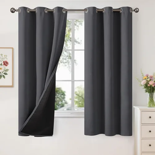 Vista 170 de YoungsTex - Cortinas 100% opacas para dormitorio, con aislamiento térmico y ojales, cortinas oscuras negras con capa pesada para ventana de sala