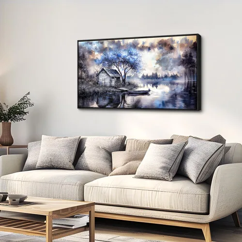 Vista 3 de ERQINHUA Arte de pared para sala de estar, lienzo decorativo de pared para dormitorio, oficina, decoración con árbol azul, paisaje junto al lago