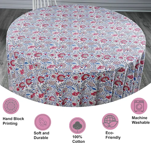 Vista 4 de Ridhi Mantel redondo estampado a mano color rosa flamenco 110 pulgadas 100%