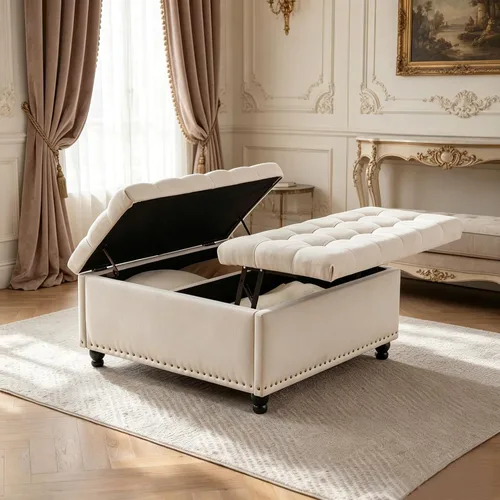 Vista 3 de Tbfit Otomana cuadrada de almacenamiento de 35.5 pulgadas con parte superior elevable, mesa de centro tapizada y banco capitoné, caja de juguetes