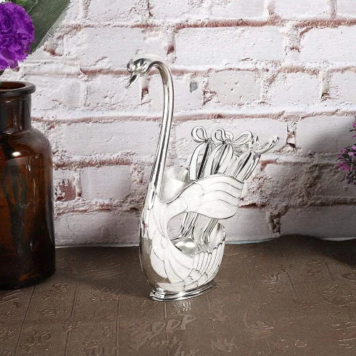 Vista 5 de Juego de cucharas de postre de café de metal con soporte, cisne para cucharas, base de cubiertos de frutas, organizador de 6 piezas de helado