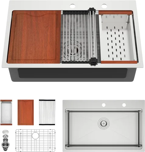 Vista 9 de Fregadero de cocina negro de 30"x19", estación de trabajo con revestimiento nano, acero inoxidable 304 calibre 16, hecho a mano, montaje superior