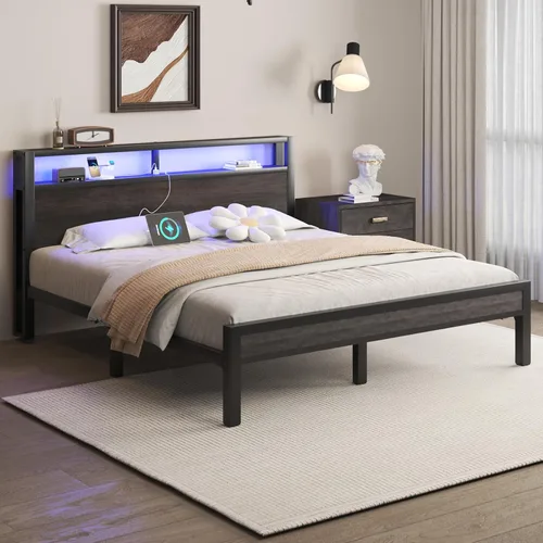 Vista 10 de LOEWAY Base de cama tamaño Queen con cabecero de almacenamiento y luces LED, color gris