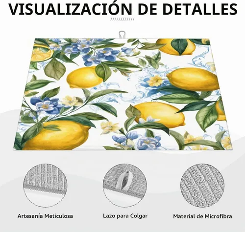 Vista 7 de Tapete de secado de platos de limón para encimera de cocina, protector y decoración súper absorbente de doble cara de microfibra para barra de café
