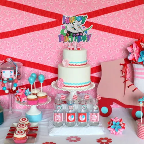 Vista 4 de Patín de ruedas Happy Birthday Cake Topper Colorido Rolling Retro Girl Club Hip Hop Tema Fiesta Pastel Decoración Suministros para Niñas