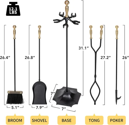Vista 3 de nalone Juego de 5 herramientas para chimenea, asas de latón, accesorios de chimenea de hierro forjado con póquer, pinzas, pala, cepillo