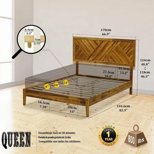 Vista 2 de Acacia Sierra Marco de cama con cabecero de madera maciza, base de cama Queen, cabecera alta de madera compatible con todo tipo de colchones,