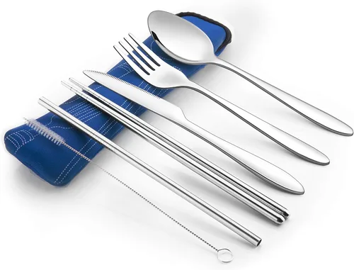 Vista 15 de Set de 4 unidades (cuchillo, tenedor, cuchara, palillos) para Viajes/Camping –Cubertería de acero inoxidable con funda de neopreno