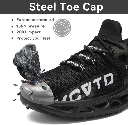 Vista 2 de KCVTD Zapatos de punta de acero para hombres, zapatos de trabajo de seguridad para mujer, zapatos de acero indestructibles, a prueba de pinchazos