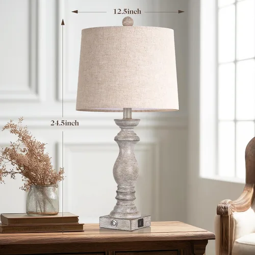 Vista 5 de Juego de 2 lámparas de mesa de 24.5 pulgadas, lámparas de noche rústicas de granja con puertos de carga USB A+C, lámparas de mesa de noche