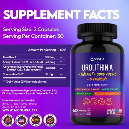 Vista 4 de Urolitina Un suplemento de 500 mg con mezcla de energía 4 en 1 de espermidina de 10 mg, Shilajit 300 mg y Cordyceps 400 mg por porción - Aumenta