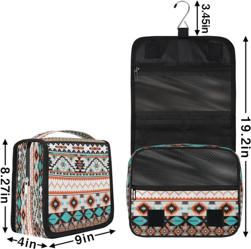 Vista 2 de Bolsa de aseo étnica azteca colgante, bolsa de cosméticos de viaje geométrica, bolsa organizadora de maquillaje, bolsa de lavado portátil con gancho