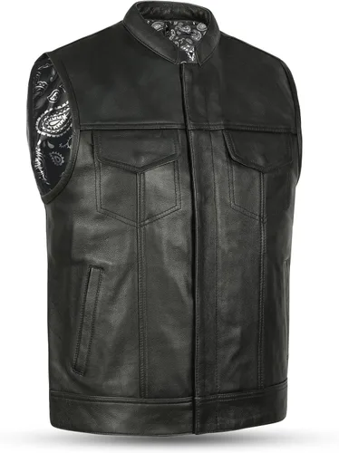 Vista 13 de Leatherick Mens Black Motorcycle Vests - Top Grain Cow Leather SOA Club & Traditional Paisley Satin Liner Leather Biker Vests