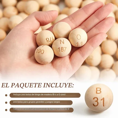 Vista 3 de 200 bolas de bingo de madera B-1 a O-200, bolas de juego