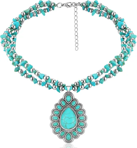 Vista 9 de Bonuci Collar con colgante de turquesa, collar largo para mujer, joyería occidental plateada, joyería boho con hebilla para mujer Verde