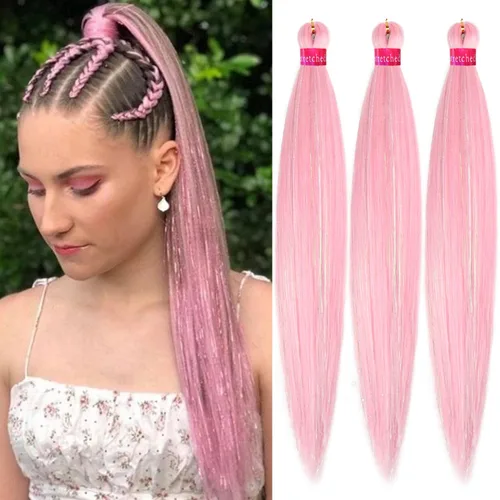 Vista 43 de Cabello trenzado verde con lentejuelas de 26 pulgadas, preestirado, trenzas de textura Yaki, extensiones de cabello pre plumadas, 3 paquetes, fácil
