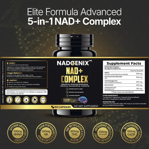 Vista 4 de Suplemento NADGENIX NAD+ - NMNH 500 mg, ribósido de nicotinamida, TMG, Resveratrol y CoQ10 - Energía celular y envejecimiento saludable - 60