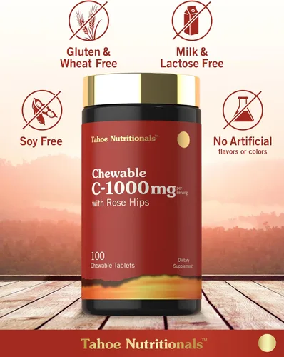 Vista 5 de Carlyle Masticables de vitamina C 1000 mg 100 tabletas Sabor naranja natural Suplemento vegetariano, sin OMG y sin gluten Tahoe