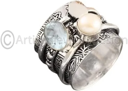 Vista 2 de Natural Pearl Silver Ring, Handmade Spinner Jewelry, Blue Topaz Fidget Ring, Chunky Statement Ring, Boho Ring for Women, Gift for Her