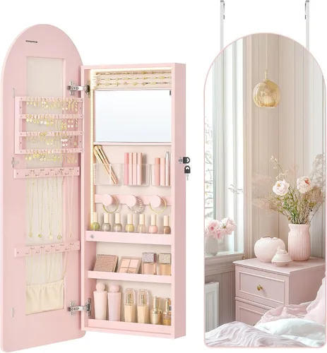 Vista 10 de SONGMICS Organizador ancho de joyas, armario LED para joyas montado en la pared/puerta, espejo arqueado con almacenamiento, con cerradura, esquina