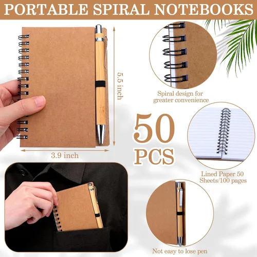 Vista 2 de Engrowtic Juego de 50 cuadernos con bolígrafo, regalos de agradecimiento a granel, cuadernos de bolsillo de papel kraft en espiral, diario forrado