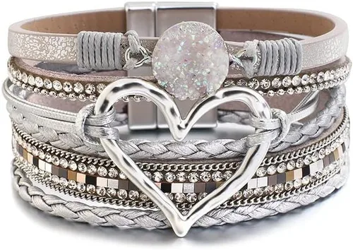 Vista 2 de Caiyao Pulsera de cuero para mujer, pulsera de cuentas con decoración en forma de corazón, pulsera de cristal bohemio con cierre magnético, pulsera
