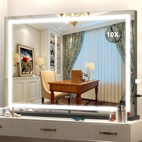 Vista 37 de Hasipu Espejo de tocador con luces, espejo LED de maquillaje de 31.5 x 22 pulgadas, espejo de maquillaje iluminado con 3 modos regulables, espejo