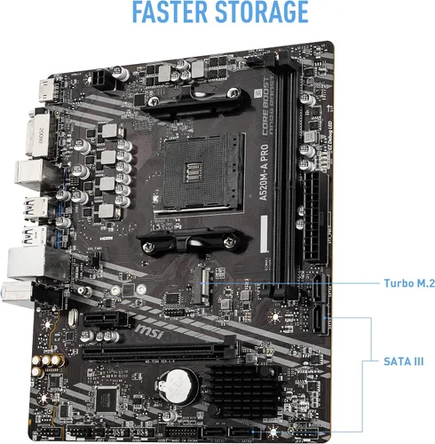 Vista 3 de MSI A520M-A PRO Placa base para gaming (AMD Ryzen 5000, AM4, DDR4, PCIe 3.0, SATA 6Gb/s, M.2, USB 3.2 Gen 1, DVI/HDMI, Micro-ATX)