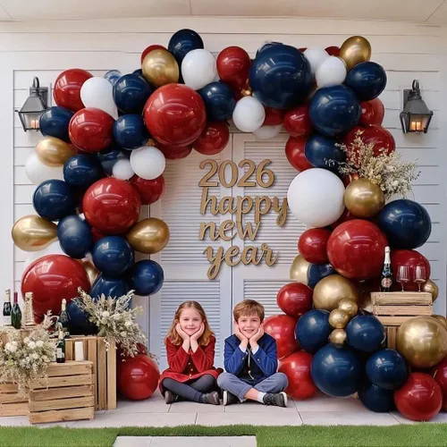 Vista 8 de Arco de globos rojo, blanco y azul, doble relleno, kit de guirnalda de globos de látex dorado con látex dorado para cumpleaños, 4 de julio, Rojo