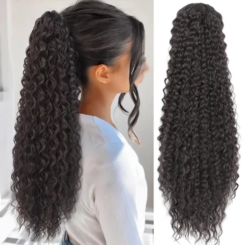 Vista 18 de Matriarchs Extensión de cola de caballo rizada de 24 pulgadas, cola de caballo con cordón para mujeres negras, sintética, larga, afro, rizada y 1b