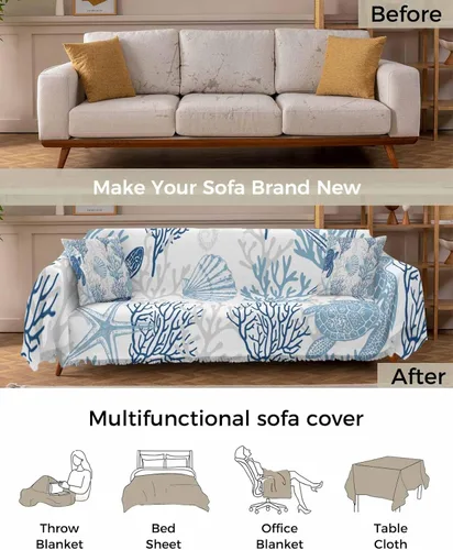 Vista 3 de Fundas de sofá de color azul y gris costero coral para perros, funda lavable para sofá, fundas individuales para sillón, fundas individuales