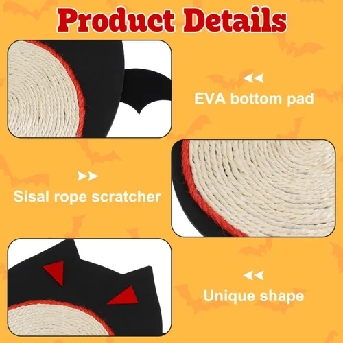 Vista 7 de Alipis Pet Supplies - Tapete rascador para gatos, tapete rascador para gatos en forma de murciélago de Halloween, tapete de sisal, juguete de garra