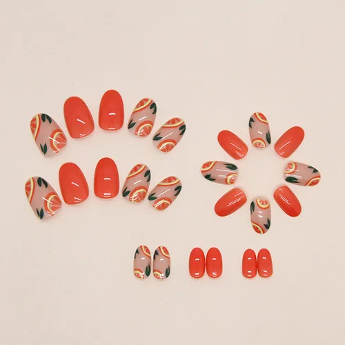 Vista 2 de Uñas postizas cortas ovaladas de verano, uñas postizas acrílicas artificiales con diseño de frutas, cobertura completa, reutilizables