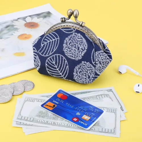 Vista 3 de Oyachic Monederos de hoja redonda Cambio Bolsa de Cambio Beso Cierre Billetera de Lona Embrague Bolsa Mujeres Niñas Llavero Titular, Azul mezclilla