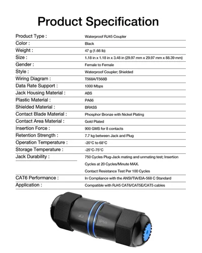 Vista 7 de VCELINK Acoplador RJ45 Impermeable IP68 Perfil Corto, Conector Ethernet Impermeable Blindado Cat6/Cat5E/Cat5, Extensor de Cable de Red LAN