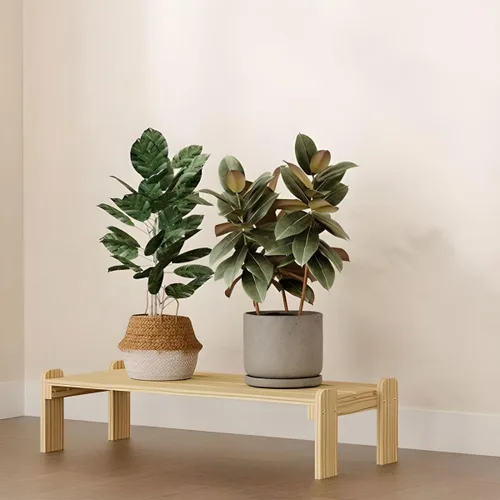 Vista 27 de Soporte rectangular para plantas de madera maciza de 1 nivel, 4 patas, flores, suculentas, rábano verde, de una sola capa, escalera de balcón Marrón