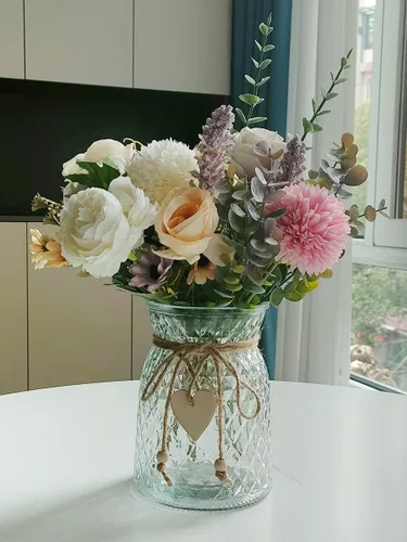 Vista 3 de Flores artificiales con jarrón, flores de peonía de seda sintética para decoración del hogar, flores artificiales con jarrón para decoración de mesa