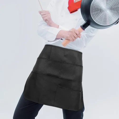 Vista 6 de Multi-pockets Black Polyester Cleaning Apron for Women with Waist Ties, Server and Kitchen Apron for Restaurant and Outdoor Work