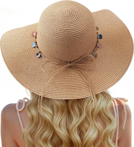 Vista 9 de Trifabricy Sombreros de paja de playa para mujer, sombrero de ala ancha con Shell - Caqui