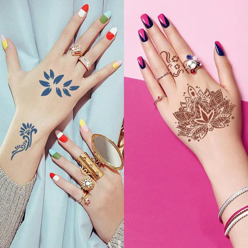 Vista 7 de Plantillas temporales de tatuaje reutilizables para mujeres y niñas, kit de plantillas de tatuaje de henna, plantillas temporales de tatuaje