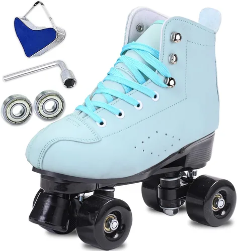 Vista 11 de Patines para mujer y hombre de caña alta en negro, de cuero sintético clásico, patines de doble fila ajustables para interiores y exteriores