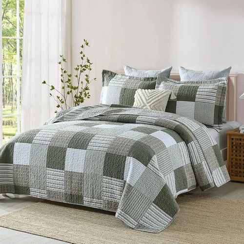 Vista 11 de KALOOLA Colchas de estilo granja tamaño Queen, 100% algodón, colcha acolchada ligera con 2 fundas de almohada, juego de ropa de cama estampada