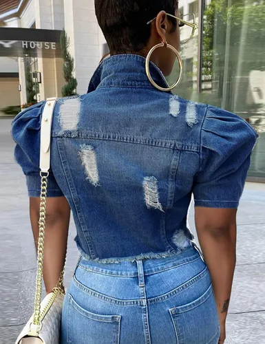 Vista 4 de PAODIKUAI Chaqueta de mezclilla casual de manga abombada para mujer