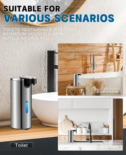 Vista 3 de Dispensador automático de jabón, dispensador de jabón líquido de acero inoxidable sin contacto de 13.5oz/400ml, dispensador de platos eléctrico