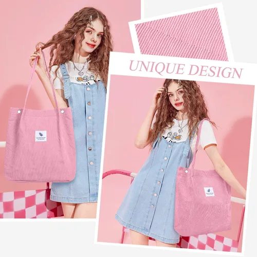 Vista 3 de Tote - Bolsa de hombro reutilizable de pana de gran capacidad con bolsillos interiores para mujeres y niñas