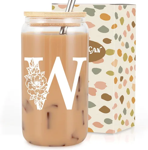 Vista 25 de Taza de Vidrio Inicial Coolife, Regalos Personalizados para Mujeres, Tazas de Vidrio de 16 oz con Tapas y Popotes, Taza para Café Helado, Licuado