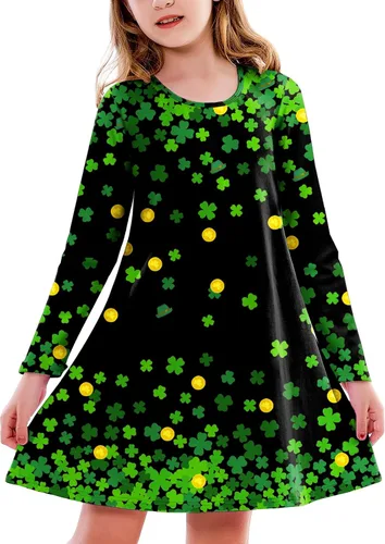 Vista 19 de Deerose Vestido de manga larga para niñas del día de San Patricio Mardi Gras, de 3 a 14 años Navidad café
