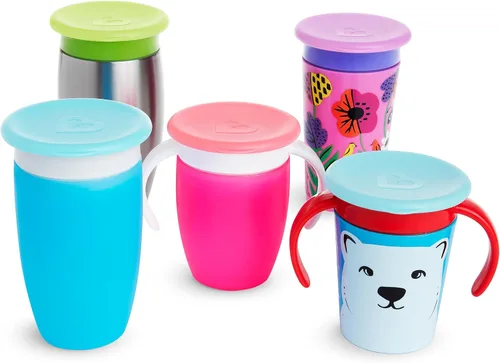 Vista 6 de Munchkin® Miracle® 360 Toddler Sippy Cup, a prueba de derrames, 10 onzas, paquete de 2, verde/azul & ® Miracle® 360 tapas para vasos, 4